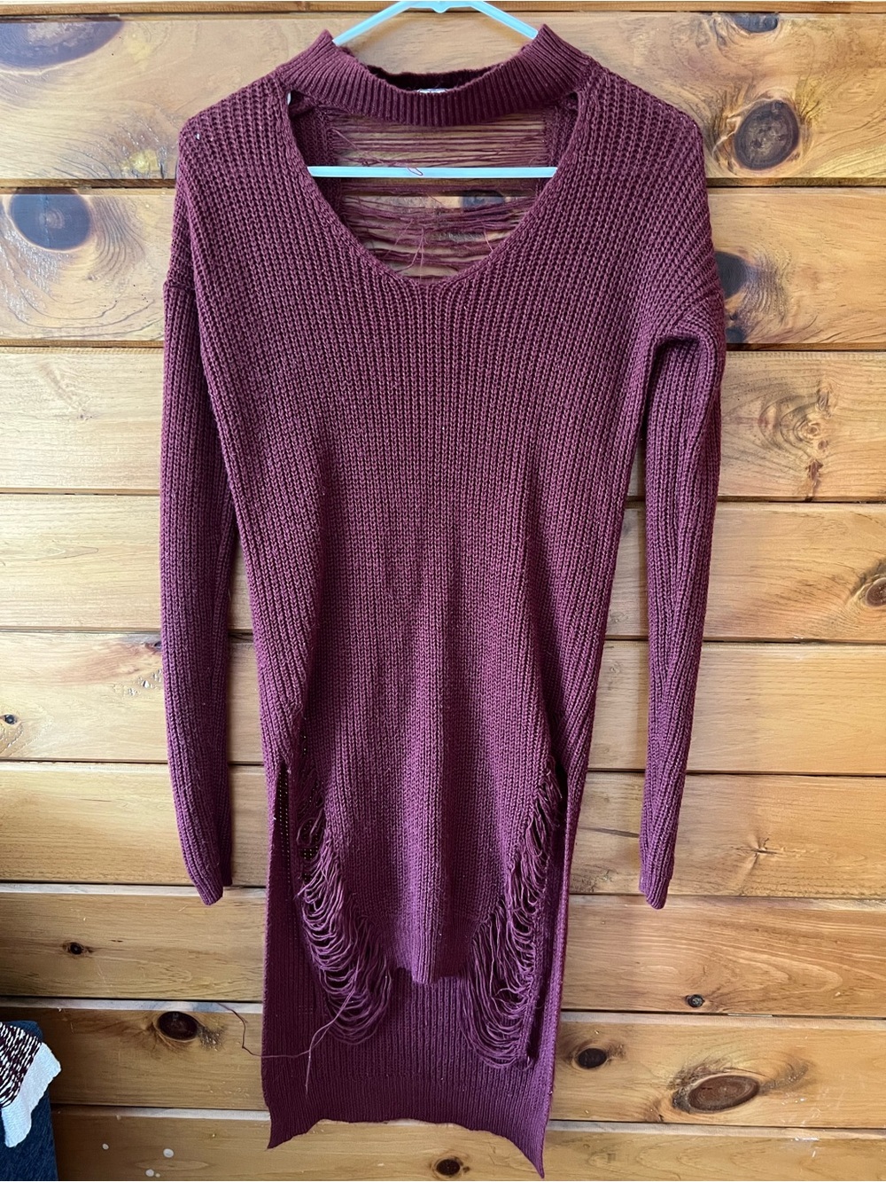 Adam Levine Collection Burgundy Distressed Long Sleeve Knit Dress